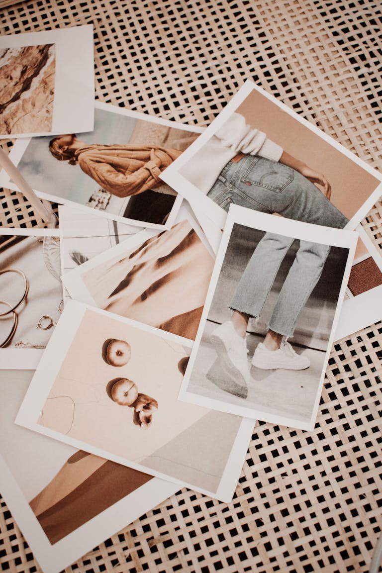 A creative collage of printed analog-style photos showcasing various moods and compositions.
