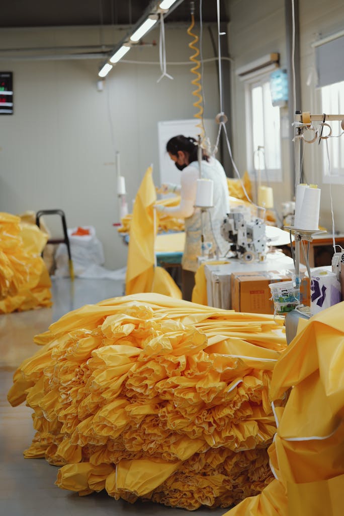 Textile worker manages bright yellow fabric at sewing station in factory.